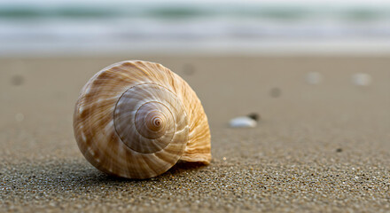 Close-up of seashell surface with natural patterns and texture, macro ocean object in beige and white tones