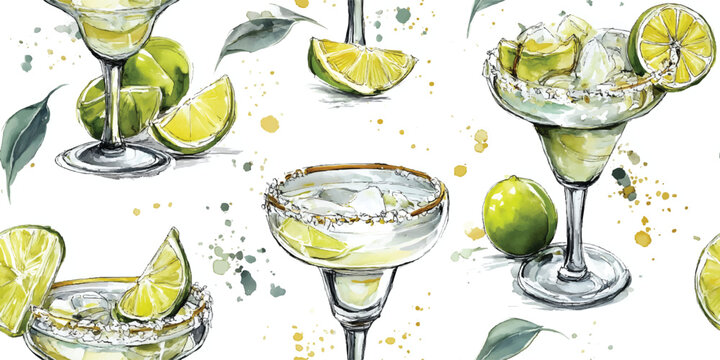 Margaritas and Zesty Lime Cocktails Watercolor Seamless Pattern. Summer Drinks and Citrus Beverage Design for textile, packaging, fabric, wallpaper, branding, stationery, wrapping paper interior decor