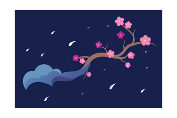 Serene Cherry Blossom Branch in Gentle Breeze Nighttime Floral Illustration