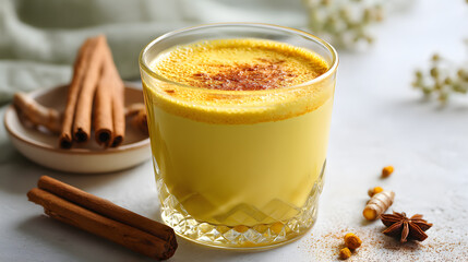 Cozy turmeric milk drink with cinnamon on white background
