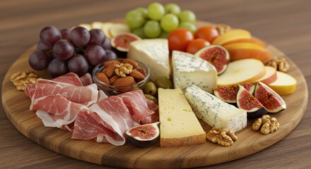 Gourmet charcuterie board with prosciutto, cheese, grapes, figs, nuts, and apple slices