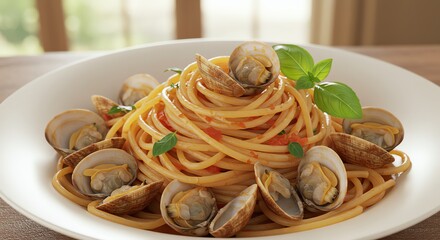 Spaghetti alle Vongole: A culinary delight with fresh clams and basil garnish