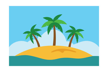 Fototapeta premium Tropical Paradise Island Three Palm Trees on a Sandy Beach, Ocean View Illustration