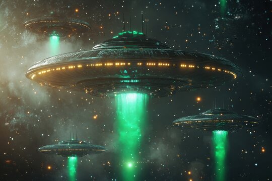 A group of ufos with green beams in space surrounded by stars and nebula in a dark cosmic setting
