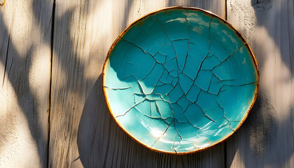 Fototapeta premium Cracked turquoise ceramic plate in sunlight lying on a wooden surface