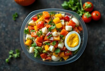 Overhead shot of colorful veggie & boiled egg salad in plastic takeout container, food, eating