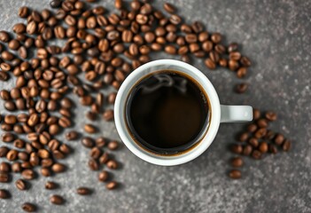 Overhead view of a white cup filled with steaming coffee beside scattered coffee beans on a tabletop,  coffee shop,  fresh