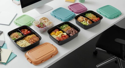 Bento Boxes Arranged on a White Desk with Colorful Lids and Varied Food Contents