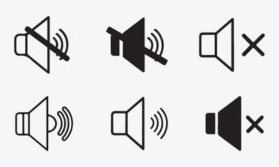 Volume and Speaker Icon Set of Mute, Unmute, and Audio Sound Symbols in Line and Silhouette Vector Style on White Background