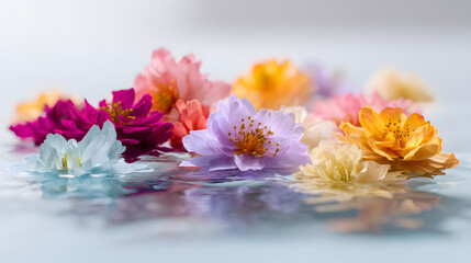 Colorful fresh flowers floating gently in clear water