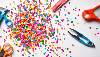 Obraz premium Vibrant craft supplies & confetti burst on white, artistic, white background