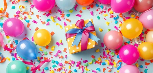 Vibrant gift box, balloons, confetti flat lay Perfect for birthday party promotions,  graphic,  promotion