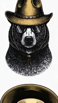 Hipster bear illustration wearing cowboy hat and spectacles on white background, detailed vector portrait, animal character concept
