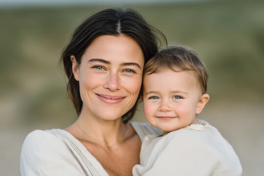 A joyful woman embraces her smiling child in a natural outdoor setting capturing the warmth of maternal love highlighting genuine connection and happiness in an intimate portrait