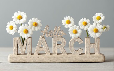 Hello March Sign with Daisies in Bright and Cheerful Setting