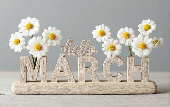 Hello March Sign with Daisies in Bright and Cheerful Setting