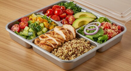 Healthy meal prep container with grilled chicken, quinoa, and fresh vegetables on a wooden surface
