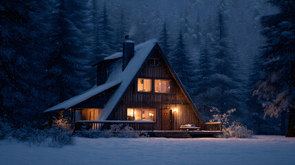 Warm light shines from cabin windows on snowy night