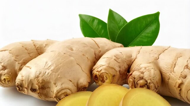 Close-up view of fresh ginger root and slices with green leaves on a white background presenting spice ingredient.