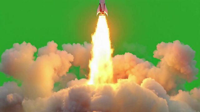 Launching Rocket with Flames on Green Screen Background
