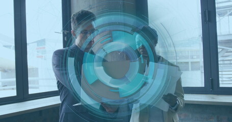 Analyzing interface, colleagues wearing suits reviewing clipboard sheets at gate with airplane