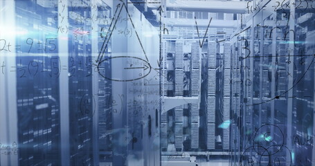 Highlighting server racks glowing with LEDs inside data center corridor with overlaid formulas
