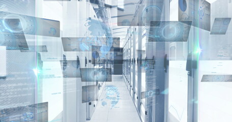 Displaying floating holographic screens over data center corridor with server racks and cable trays