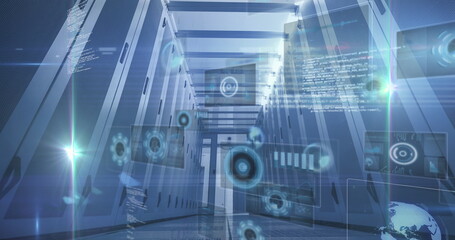 Displaying central data center corridor with server racks and floating holographic UI elements