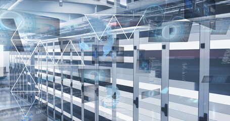 Highlighting server racks displaying data analysis in datacenter corridor, with digital overlays