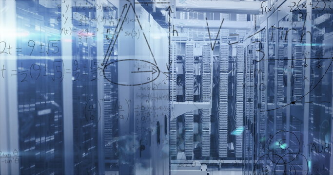 Highlighting server racks glowing with LEDs inside data center corridor with overlaid formulas