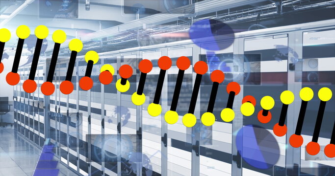 Displaying DNA helix graphic in server room showcasing server cabinets, cable trays, blue spheres