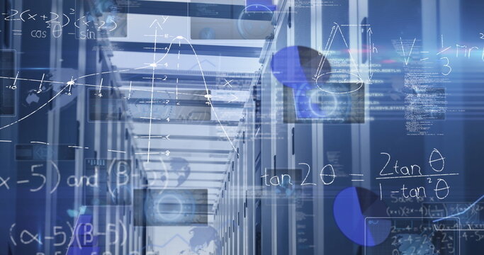 Extending aisle of server racks glowing with blinking lights and digital overlays in data center