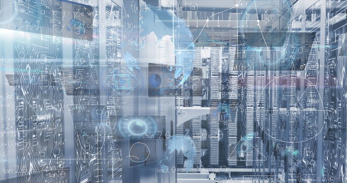 Showing central server rack housing cables and flashing LEDs in data center aisle, digital overlays