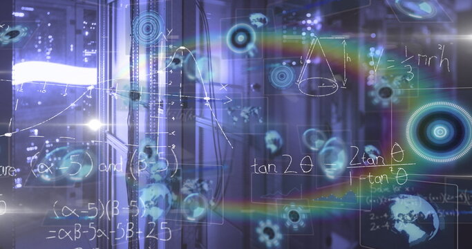 Showing holograms in server room, with cabinets, formulas, infographics, diagrams, map and flares