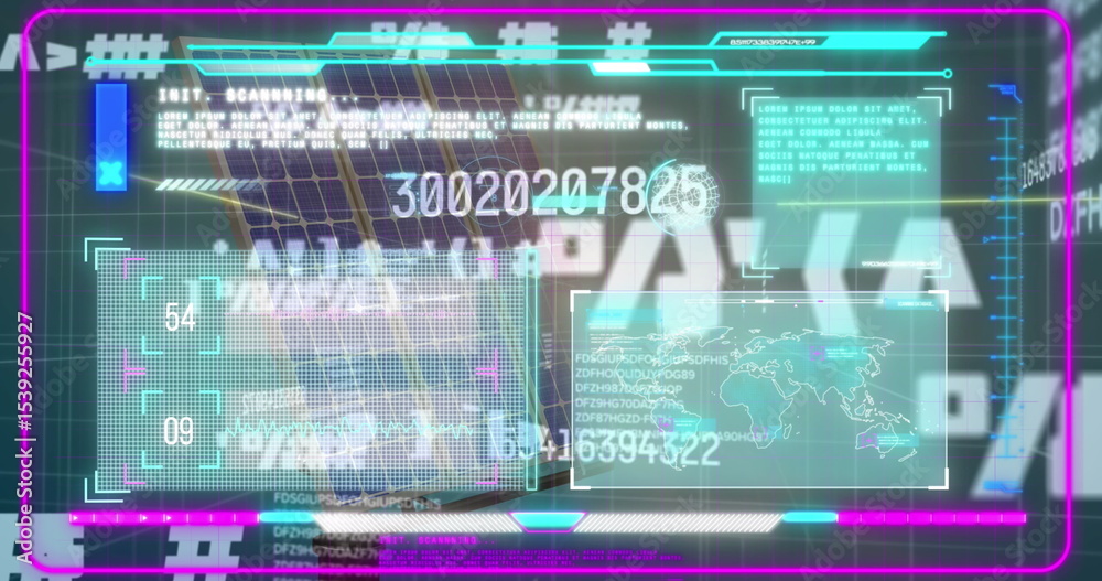Poster displaying neon hud interface floating on world map overlay, with numeric panels and magenta frame