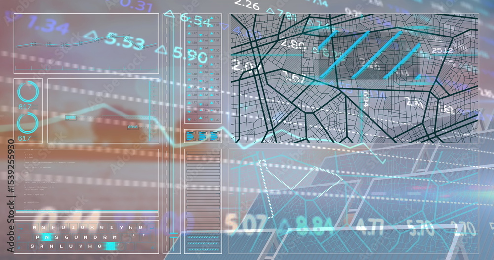 Poster displaying translucent digital dashboard overlay on office view, with line charts and map grid data