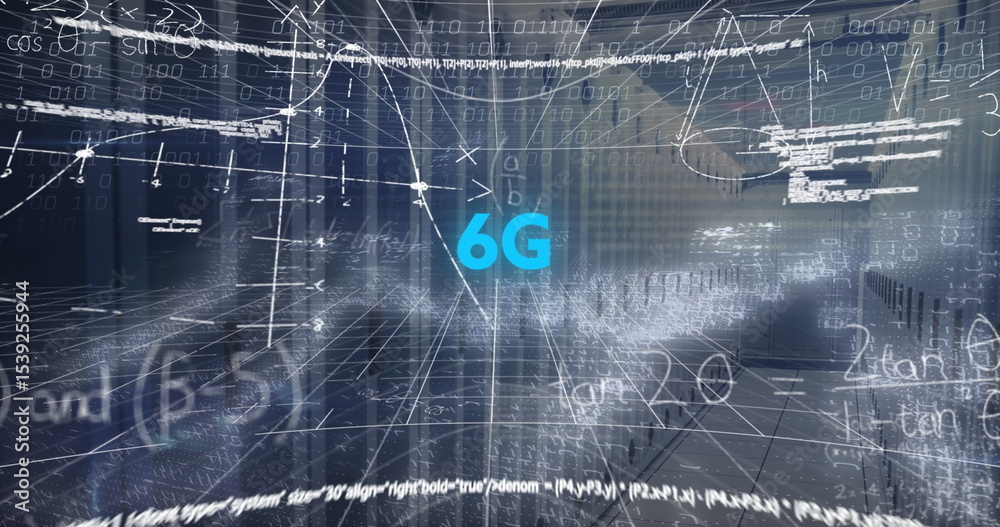 Poster floating cyan 6g symbol in 3d grid environment, with binary digits, formulas and graphs