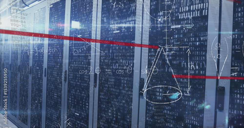 Poster displaying server racks emitting blinking led lights in data center corridor, with code overlay