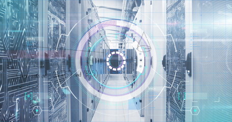 Showcasing data center aisle featuring tall server racks and cable trays, with holographic overlay