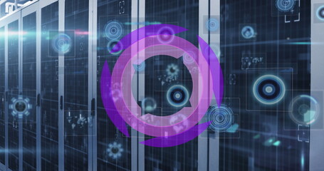 Displaying server cabinet glowing with purple hologram interface in data center, with network nodes