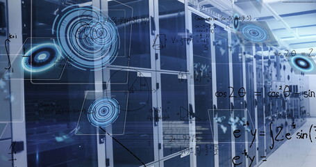 Displaying glass server racks reflecting LED lights in data center hallway, holographic overlays