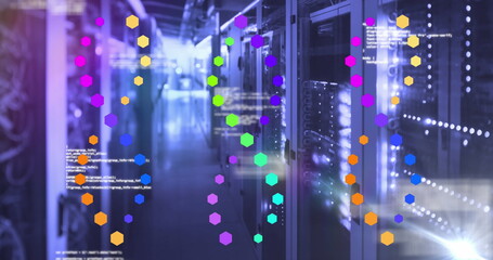 Showing rack-mounted servers displaying LED lights in data center corridor, floating code fragments