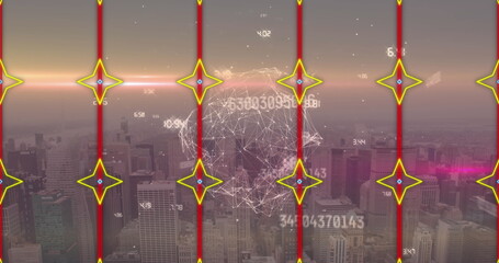 Wireframe globe hovering above skyline at dusk, with numeric data, grid lines, star markers