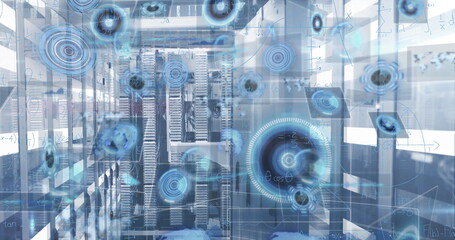 Processing main server rack projecting hologram overlays in data room, with LED lights and formulas