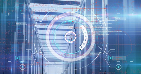 Projecting circular holographic interface overlay in server corridor, with racks, LED status lights
