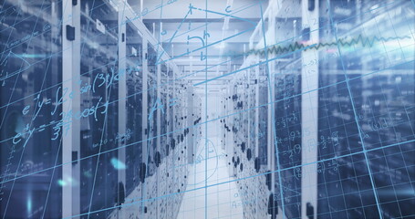 Highlighting central data center aisle, showcasing server racks and digital grid overlay