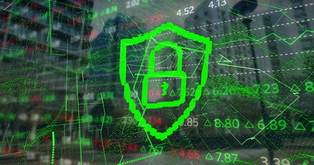 Displaying neon green shield showing padlock icon over financial district scene, with floating data