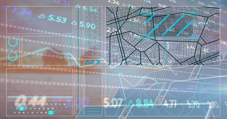 Displaying translucent digital dashboard overlay on office view, with line charts and map grid data