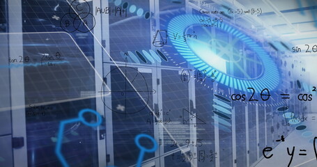 Glowing blue gear-like graphic dominating data center with server racks and circuit math overlays