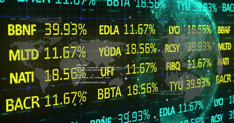 Dotted world map floating left on finance screen, with 3D particle globe, yellow cyan ticker lines